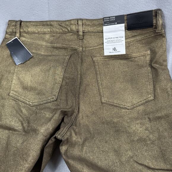 Ralph Lauren Gold Metallic High Rise Skinny Ankle Jeans Women’s 18 Super Stretch - Picture 10 of 16